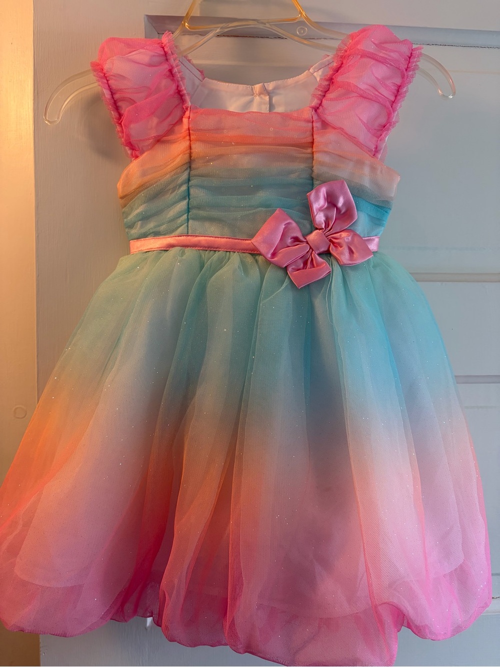 Jona Michelle Pastel Rainbow Tulle Dress with Pink Bow